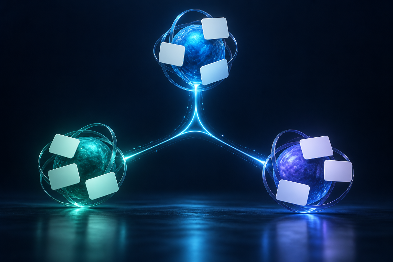 Tres núcleos luminosos conectados e intercambiando mensajes representan agentes de inteligencia artificial.