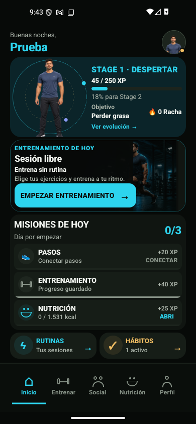 Pantalla real de inicio de Fivaki en Android, con una cuenta de prueba.