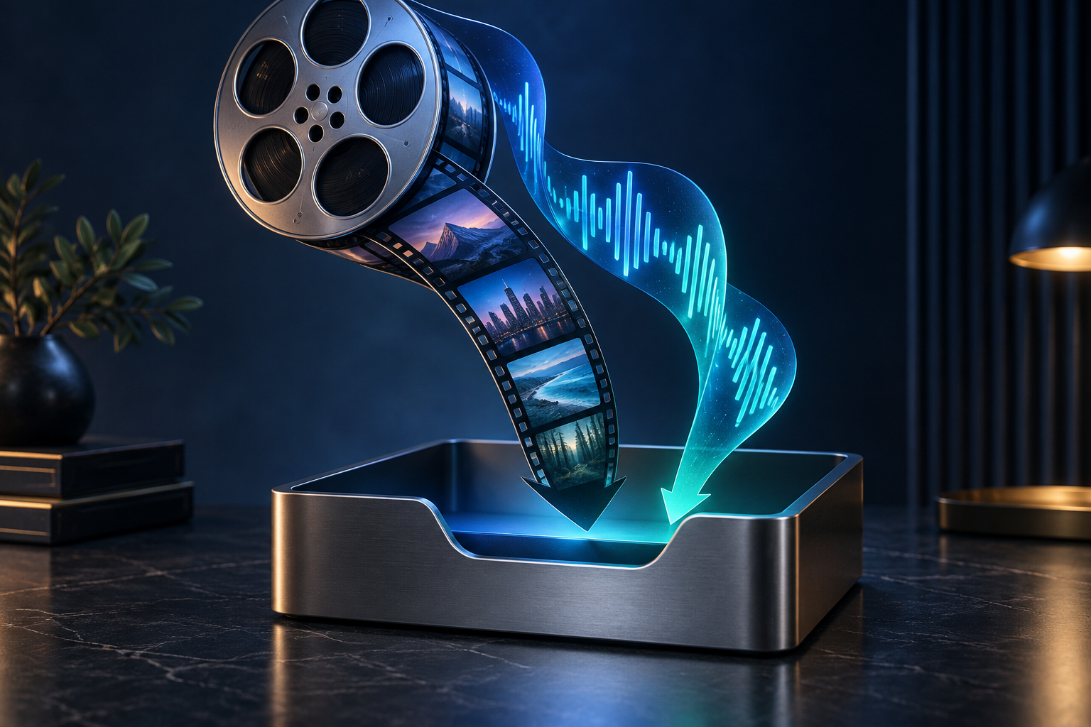 Ilustración de una película y una pista de audio que descienden hacia una bandeja de archivos.