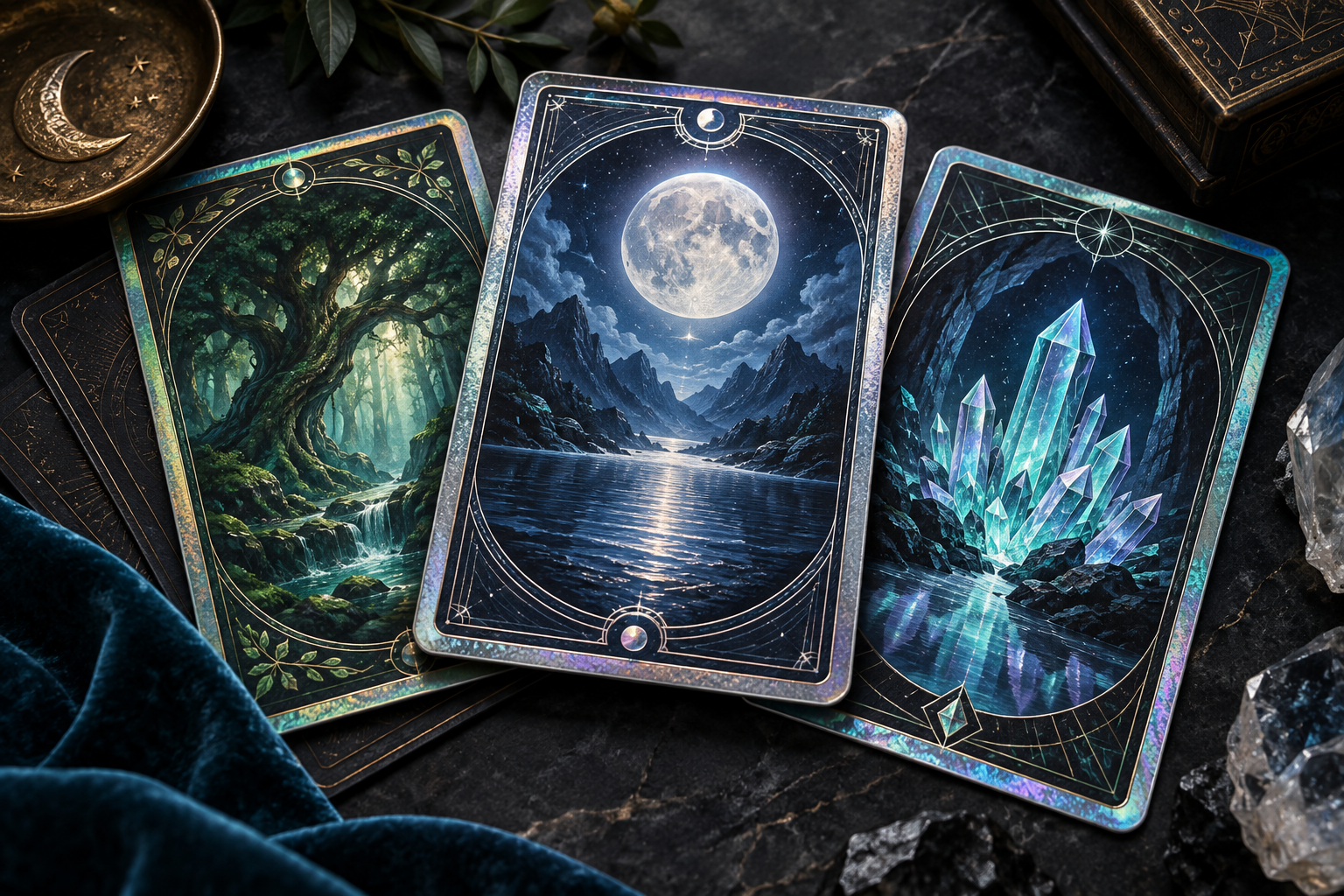 Cartas de fantasía originales con un bosque, una luna y cristales, dispuestas sobre una mesa.