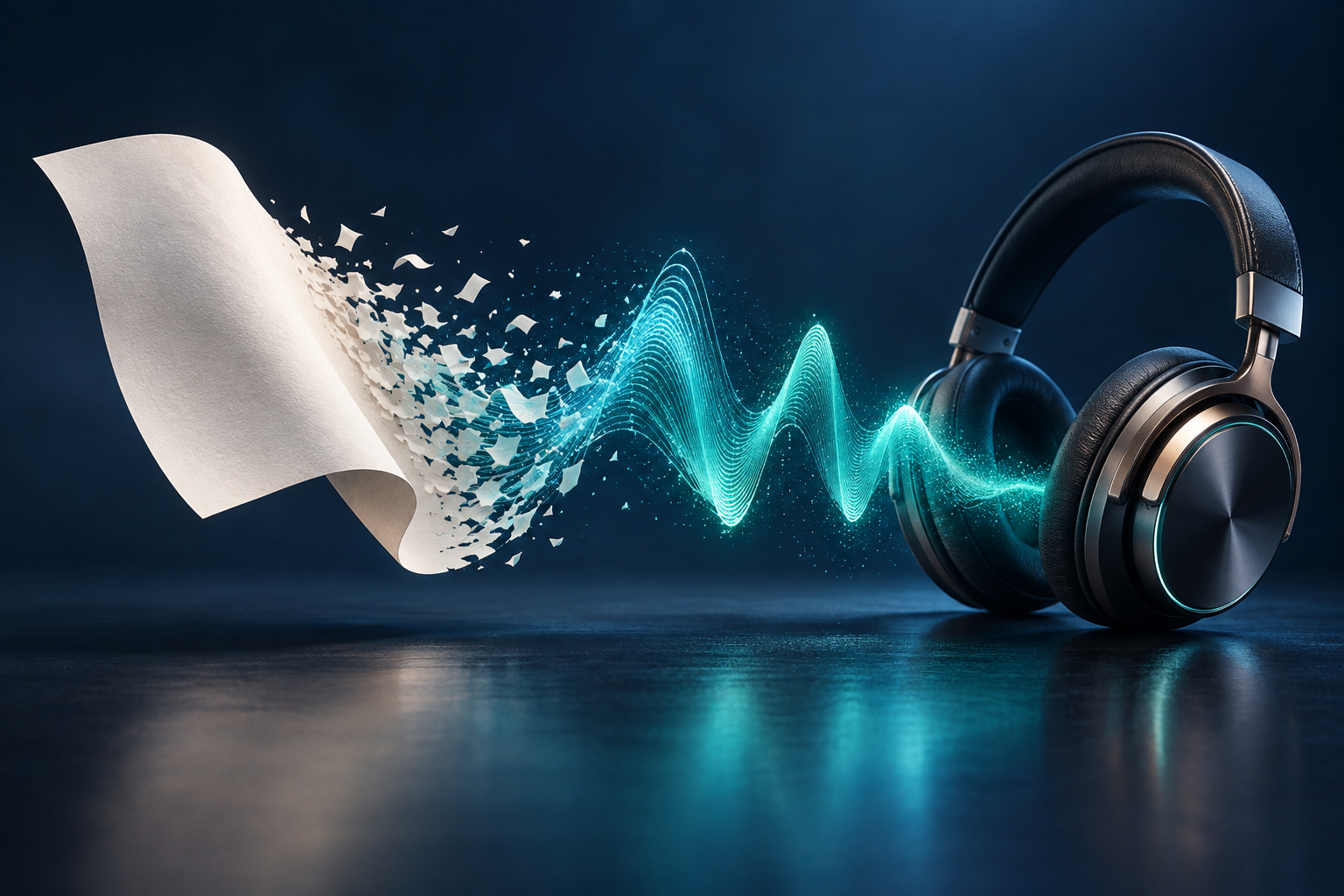 Una hoja de papel se transforma en una onda de sonido que llega a unos auriculares.